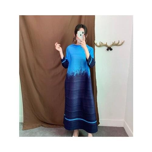 HOT SELLING Miyake fold Explicit gradient thin 7 minutes of sleeve slash neck loose pleated dress IN STOCK