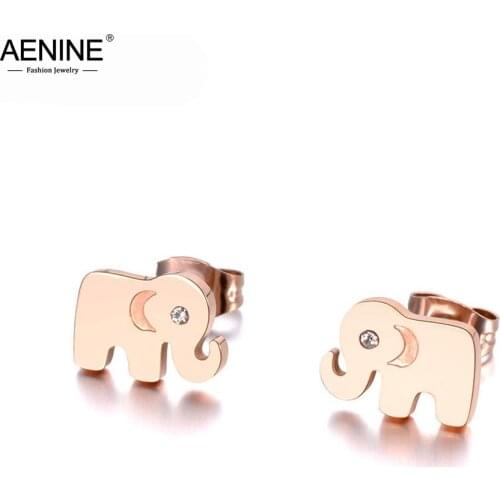 AENINE Office Stainless Steel Rhinestone Elephant Stud Earrings Jewelry For Women Girls Rose Gold Party Christmas Gift AE19035
