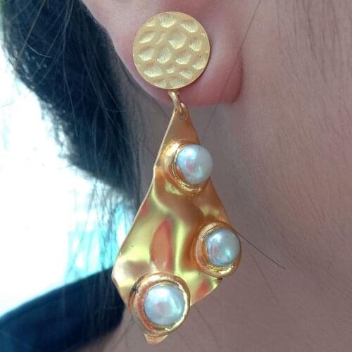 21x38MM White freshwater Pearl Yellow Gold color Plated Stud Earrings vintage style earrings for anniverysary women