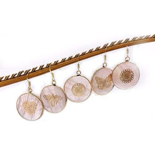 Natural Stone Earrings Round Pink Crystal Hollow Carved Animal Fashion Cute Earrings Pendant Earrings Jewelry Accessories