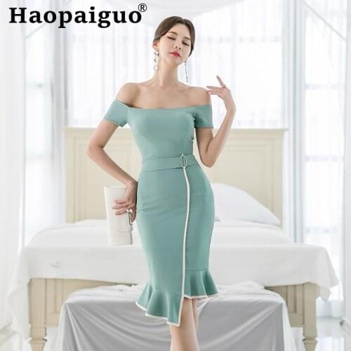 Slash Neck Evening Party Dress for Women Trumpet Corset Ruffles Sexy Dress Summer Solid Casual Elegant Dress Women Dropshipping