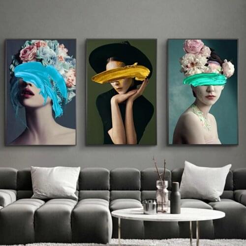 Modern Nordic Women Cover Face Wall Art Poster Flower Girls Portrait Prints Canvas Painting for Living Room Decor Frameless