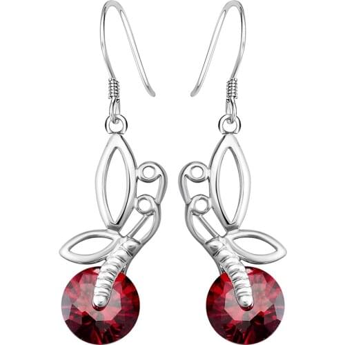 Created red cz cz Gem stone butterfly silver color drop earring for women drop Distribution 2017 fashion jewelry bridal gift