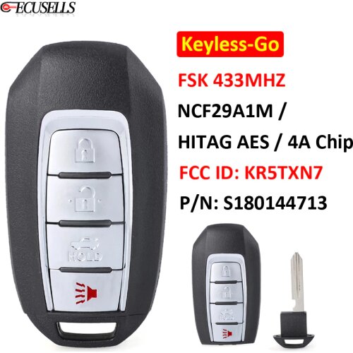 4B Keyless-Go Remote Smart Car Key FSK 433Mhz NCF29A1M / HITAG AES / 4A Chip FCC ID: KR5TXN7 / S180144713 For Infinit Q50 Q60