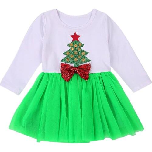 Baby Girls Christmas Themed Party Dress Show Costume Sequins Print Long Sleeve Yarn Dress Elastic Waist Skirt with a Bow