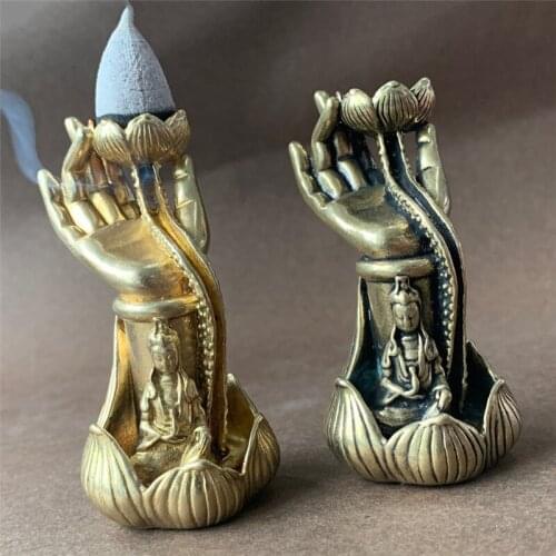 Vintage Copper Buddha Hand Lotus Base Backflow Incense Burner Decoration Brass Sitting guanyin Figurines Ornament Home Decor