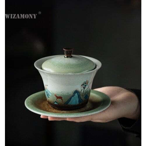 WIZAMONY shiqing glazed Fukuyama cover bowl Japanese antique ceramic three only cover bowl large tea cup tea bowl kungfu tea set