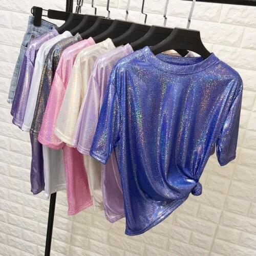 Y2k Top Loose Shiny Reflective Short Sleeve T Shirt for Women Bright Silk Casual Pink lady Fashion Clothing Summer Plus Size