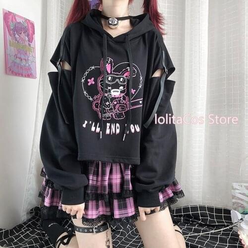 Japanese Harajuku Cartoon Chainsaw Rabbit Printed Punk Dark Hoodie Lolita Long Sleeve Patchwork Hollow Out Hooded Sweatshirt