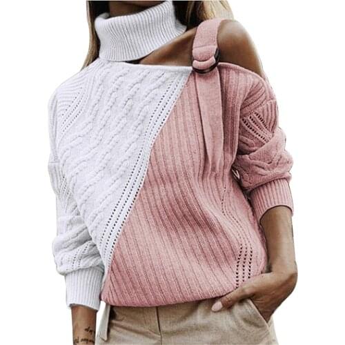 Women Patchwork Turtleneck Sweater Sexy Off Shoulder Buckle Knitted Pullover Autumn Winter Long Sleeve Jumper Tops Pull Knitwear