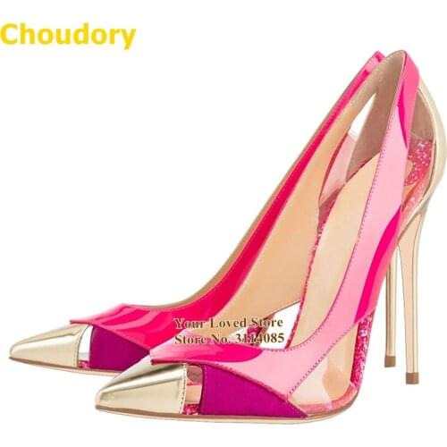 Ladies Brand Clear PVC Color Patchwork Wedding Shoes 12cm Stiletto Heels Sequined Pointed Toe Dress Pumps Cut-out Shoes Size45