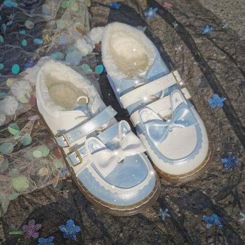 Sweet lolita shoes vintage round head plus cashmere winter keep warm women shoes cute bowknot kawaii loli lace cosplay cos