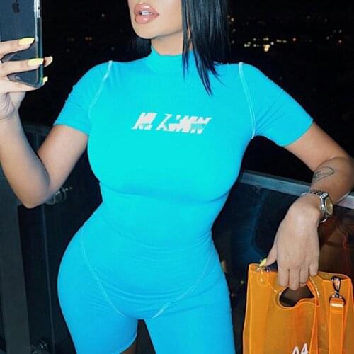 Summer Women Skinny Bodysuit Short Sleeve Playsuit Reflective Letter Print Rompers 2021Female Turtleneck Fashion Casual Bodysuit