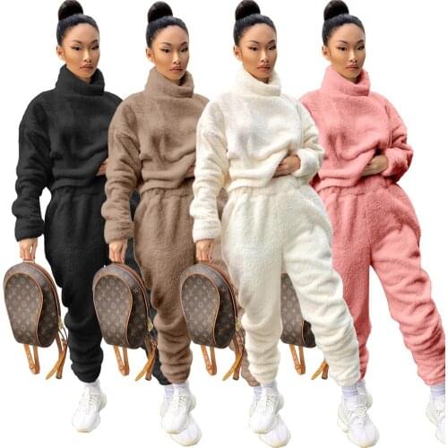 Thick Fleece Two Piece Set Woman Turtleneck Long Sleeve Sweat Top And Pants Loose Matching Sets 2020 Fitness Sportswear Outfits