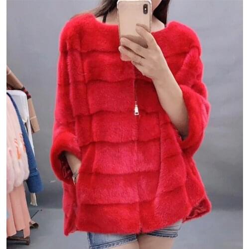 New Luxury women natural mink fur coat stripe zipper cardigan overcoat