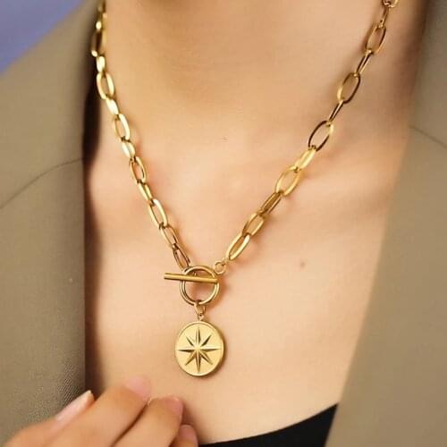 Vintage Coin Medallion Necklace For Women Stainless Steel Star Toggle Necklace Gold/Silver Color Metal Coin Collier