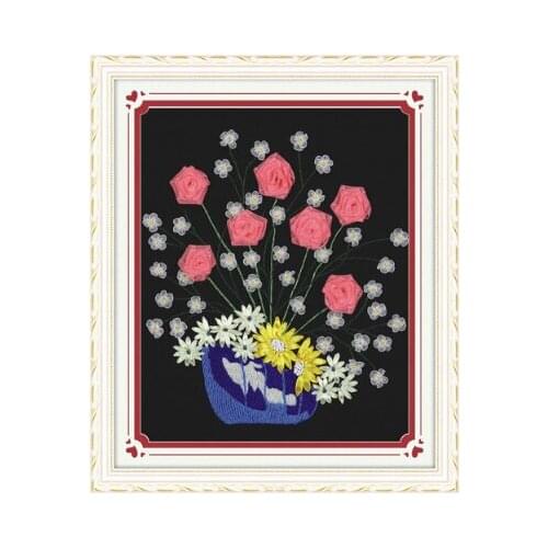 50x55cm The other shore blooms red Ribbon embroidery kit stain painting set handcraft kit DIY handmade needlework art home decor