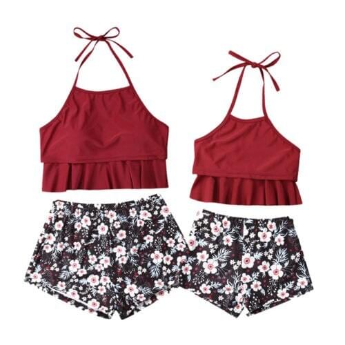 2019 Family Matching Womens Kid Baby Girls Strappy Bikini Biquini Floral Shorts Set Bathing Suit Swimwear Swimsuit Beachwear