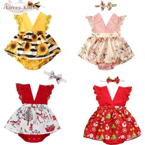 2020 Christmas Baby Girls Clothes Sweet Sunflower Bodysuits V Neck Backless Ruffle Lace Patchwork Xmas Headband 2PCS 0-24M