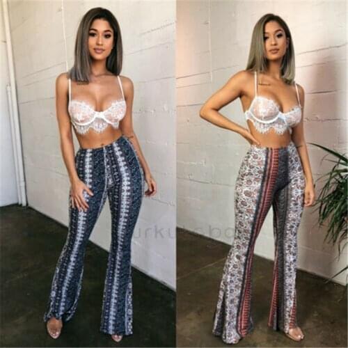 2021 New Boho Summer Womens Stretch Bell Bottom Trousers Ladies Slim Printed Flared Pants High Waist Fashion Women Long Pants