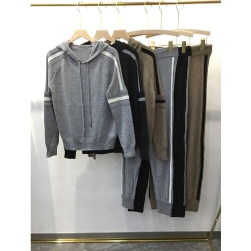 Minkcashmere Women Hoodies Knit Sweater + Warm Wool Pant Leisure Women 2 Pieces Set Suit