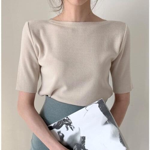 Korea Chic Retro Ice Silk Mid-sleeve Pullover Sweater Women Summer Thin Apricot Short Slim Bottoming Shirt T-shirt