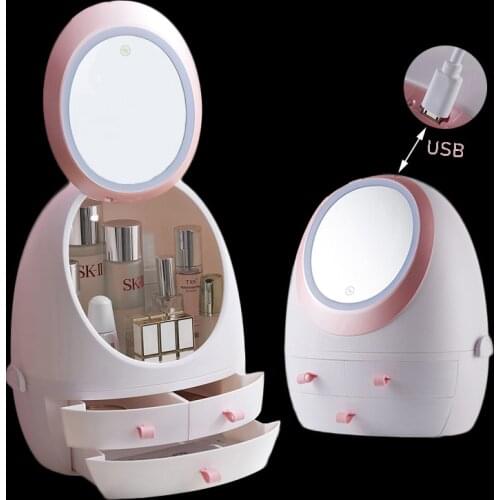 Cosmetic Storage Box With lamp and Mirror HD led mirror makeup Organizer USB charging Dust proof lipstick jewelry storage drawer