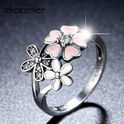 Fashion Silver Plated Pink Flower Poetic Daisy Cherry Blossom Brand Finger Ring for Women Engagement Fashion Jewelry Gifts