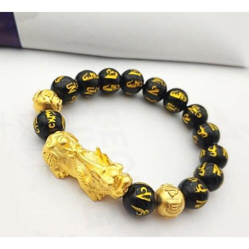 Fashion Classic Black Beads Bracelet Six-Character Mantra Agate Beads Bracelet for Men Women Lucky Gold Jewelry Birthday Gifts