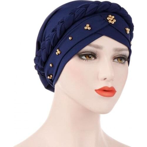 Muslim Fashion Cap Milk Silk Monochrome Beaded Whip Turban Hat Islamic Ladies Accessories Clothes Head Cap