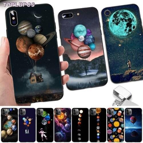 TOPLBPCS Sky Space planet Moon stars Soft black Phone Case for iPhone 8 7 6 6S Plus X 5 5S SE 2020 XR 11 pro XS MAX
