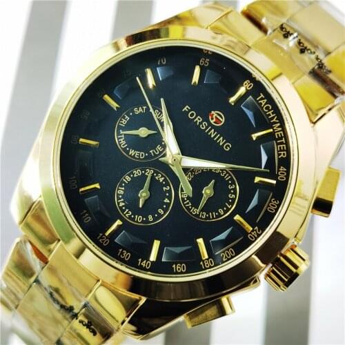 Forsining 2020 Business Men Watch Mechanical Automatic 3 Sub Dial Date Golden Steel Band Dress Wristwatch Clock Hour Time Reloj