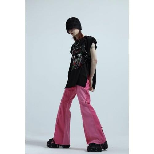 Origional Heavy Industry Ripped Pink Color Panel Trousers Removable Hollow out Designer Punk Flare Denim Pants