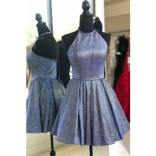 Short A-Line Glitter Halter Homecoming Dresses with Pockets Knee Length Criss Cross Back Graduation Dresses for Teens