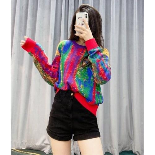 Pullover Women Sweaters Loose Christmas Sweater Rainbow Color Knit Sweater Plus Size Women Clothing