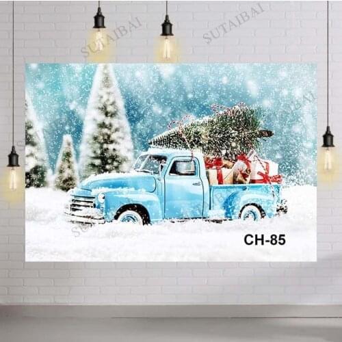 Christmas Red Truck Backdrop Winter Wonderland Snowy Forest Tree Photography Newborn Kids Birthday Portrait Background Studio