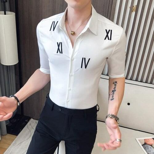 British Style Korean Summer Men Casual Shirts Half Sleeve Simple All Match Slim Fit Prom Tuxedo Embroidery Camisa Masculina 3XL