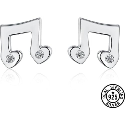 Real 925 Sterling Silver Earring Music Note Lovely Sweet Cute Simple White CZ Stud Earring For Women Girls Korean Fine Jewelry
