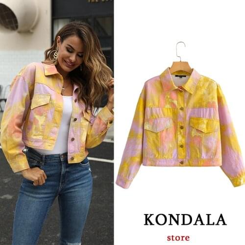 KONDALA Womens Denim Jacket Za Fashion 2021 Streetwear Tie dye Spring Jean Jackets Button Short Outwear Chic Mujer Tops
