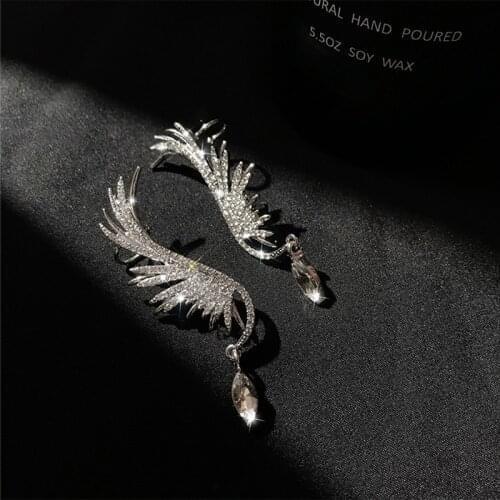 FYUAN Fashion Full Rhinestone Wing Clip Drop Earrings Bijoux Shiny Water Drop Crystal Dangle Earrings for Women Jewelry Gifts