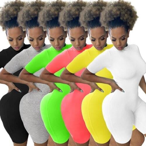 Fitness Bodycon Neon Playsuit Women Summer Active Wear Rompers Short Sleeve Casual Playsuit Sporty Skinny Playsuits Wholesale