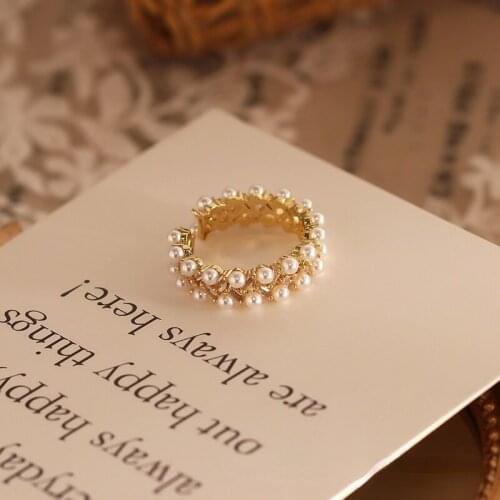 Womens Pearl Zircon Gold Color Open Ring for 2021 New Fashion Korean Jewelry Luxury Party Adjustable Unusual Girl Ring