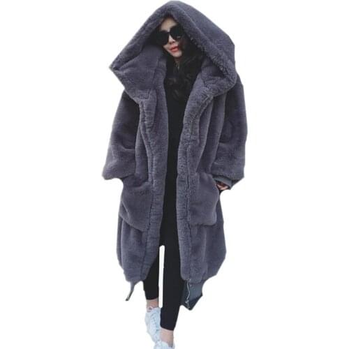 2019 Korean version of the new Fur Coat Female rabbit fur thick long hooded Women Faux Fur Coat Temperament leisure Teddy Coat