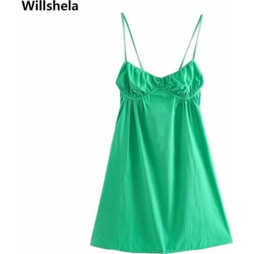 2021 Women Fashion Green Mini Dress Thin Straps Vintage Female Pleated Corset Dresses Woman Robe femme