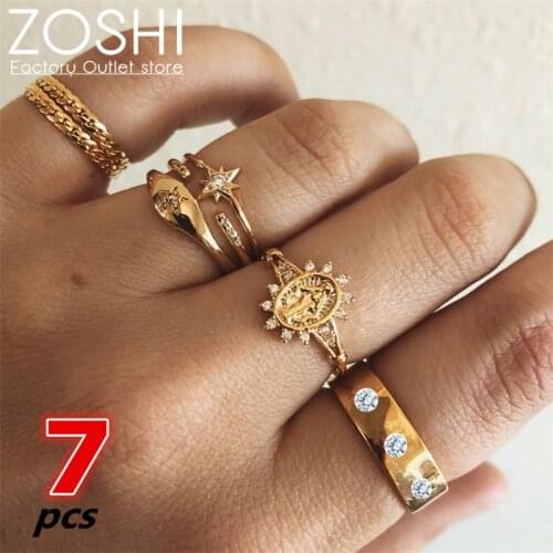 7pcs/set Christian Jesus Sun Fire Ring Set For Women Gold Plated Rhinestone Star Circle Knuckle Midi Finger Ring Set Fashion