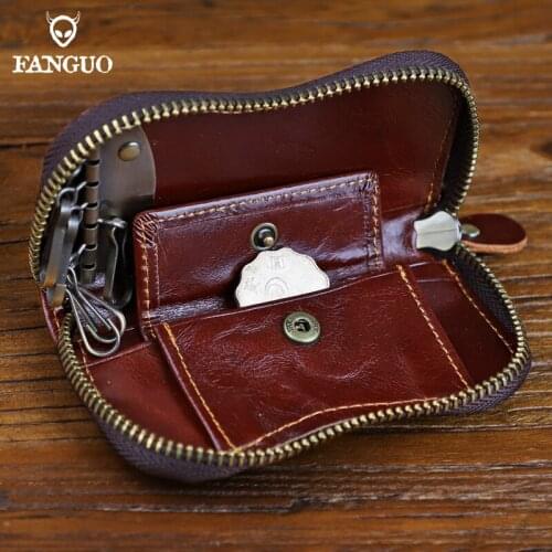 Retro Genuine Leather Keychain Wallet Handmade Organizer Credit Card Holder Household Key Case Small Mini Coin Purse For Unisex