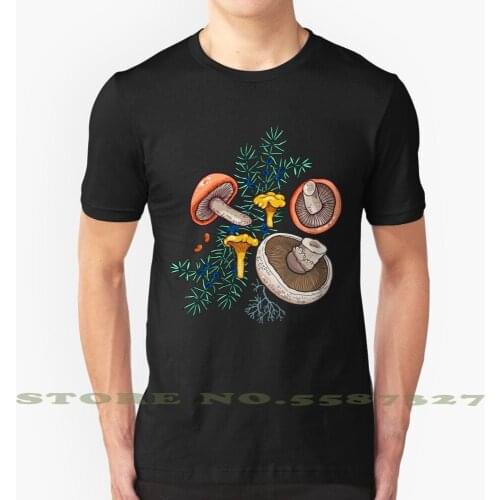 Dark Dream Forest Black White Tshirt For Men Women Fungus Chanterelle Portobello Bolete Oyster Truffle Maitake Enoki Boletus