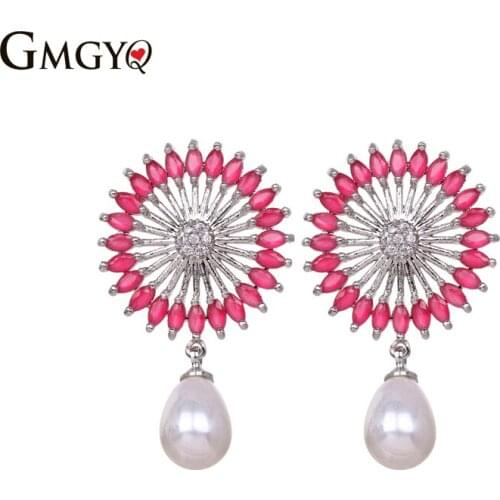 GMGYQ Zircons Klassieke Bloem Design Mode Vrouwen Cubic Zirkoon Earrings For Women Met Bungelende Pearl Sieraden Voor Dames
