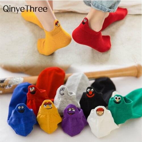 Kawaii Embroidered Expression Candy Color Woman Socks Happy Fashion Girls Ankle Funny Socks Women Cotton Summer Christmas Sox