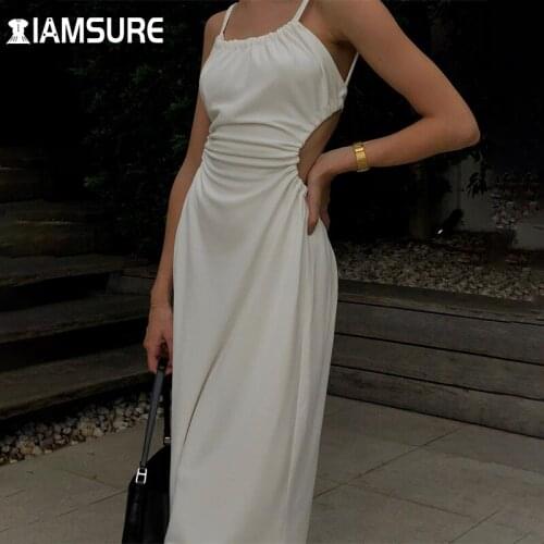 IAMSURE Backless Bandage Summer Dress Party Club Wear Elegant Sexy Solid Sleeveless Tie Back Maxi Dresses For Women 2021 Fashion